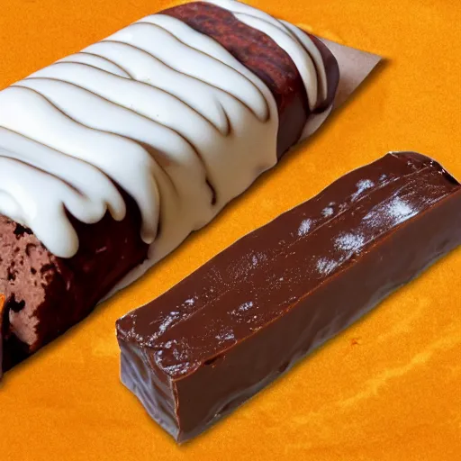 Prompt: giant sausage and chocolate fudge bar