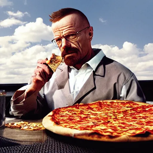 Image similar to walter white eats a pizza on the roof,