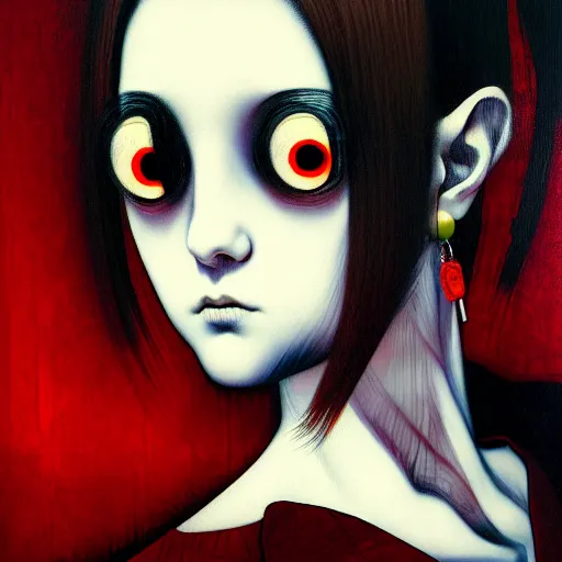 Image similar to yoshitaka amano blurred and dreamy realistic three quarter angle horror portrait of a sinister young woman with short hair, big earrings and red eyes wearing office suit with tie, junji ito abstract patterns in the background, satoshi kon anime, noisy film grain effect, highly detailed, renaissance oil painting, weird portrait angle, blurred lost edges