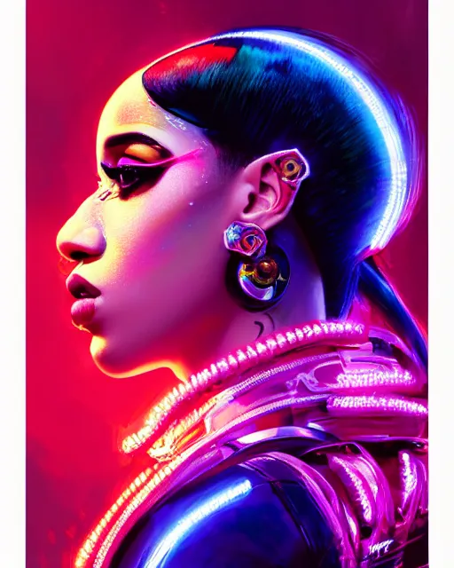 Image similar to detailed side profile portrait of Cardi B, cyberpunk futuristic neon, reflective puffy coat, decorated with traditional Japanese ornaments by Ismail inceoglu dragan bibin hans thoma greg rutkowski Alexandros Pyromallis Nekro Rene Maritte Illustrated, Perfect face, fine details, realistic shaded, fine-face, pretty face