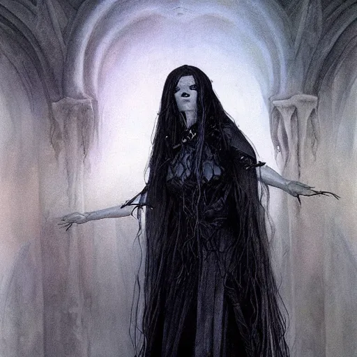 Image similar to beautiful dark witch full body, brom, alan lee cinematic, realistic, detailed