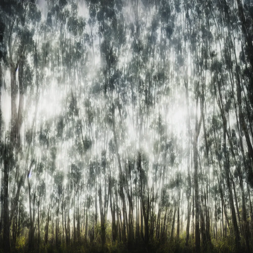 Image similar to double exposure photograph of eucalyptus trees, strong wind, back light, sony ar 7 ii, photographed by julie blackmon