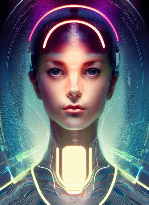 Prompt: symmetry!! head on portrait of a cosmic girl, sci - fi -, cyberpunk, blade runner, glowing lights, tech, biotech, techwear!! intricate, elegant, highly detailed, digital painting, artstation, concept art, smooth, sharp focus, blur, short focal length, illustration, art by artgerm and greg rutkowski and alphonse mucha