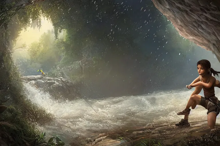 Prompt: wide shot of exhausted Lara Croft climbing out of a roaring ancient river, fireflies by Lilia Alvarado