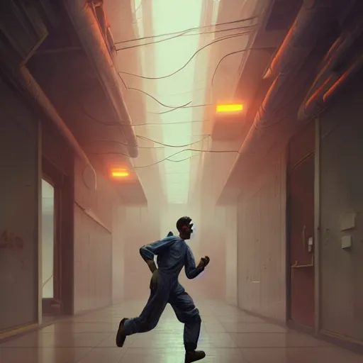 Image similar to commission portrait of a man in an orange jumpsuit,running away from smoke in a laboratory.,character design by charles bowater,greg rutkowski,ross tran,hyperdetailed,hyperrealistic,4k,deviantart,artstation,professional photography,concept art