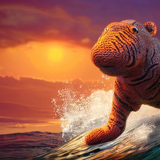 Image similar to a closeup photorealistic photograph of a cute smiling knitted tiger hippopotamus riding a large wave at sunset. surf in background. professional capture. brightly lit scene. this 4 k hd image is trending on artstation, featured on behance, well - rendered, extra crisp, features intricate detail, epic composition and the style of unreal engine.