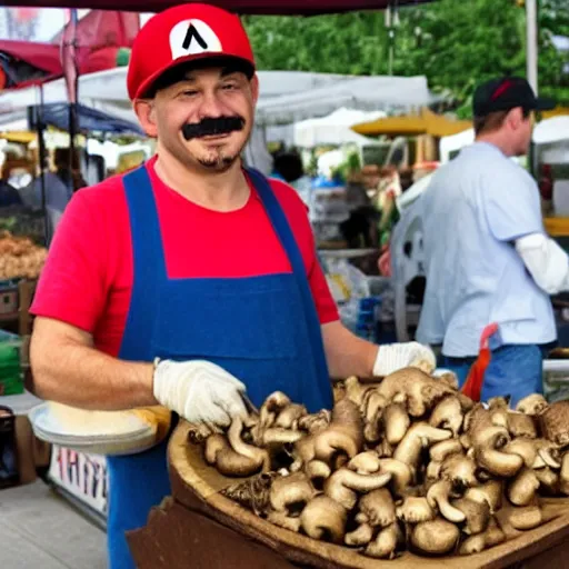 Image similar to mario selling mushrooms in a farmers market