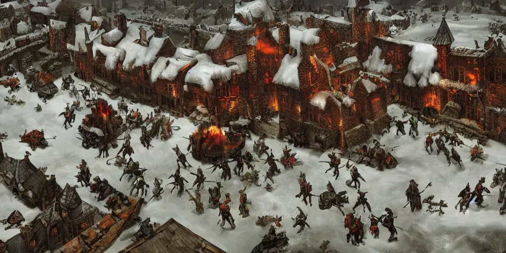 Prompt: RTS gameplay third person in style of Brueghel paintings, painting, Stronghold strategy gameplay, high detailed,dark fantasy, dark tones, medieval, snow, buildings, castle, armored units, red flags, cavalry,RPG, high detailed, contrast, octane render,mill, farm, creative