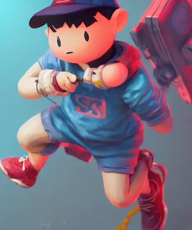 Prompt: ness from earthbound as an apex legends character, crisp 8 k line art, digital painting, artstation, unreal engine, octane render, concept art, matte, sharp focus, hyper realistic lighting, illustration