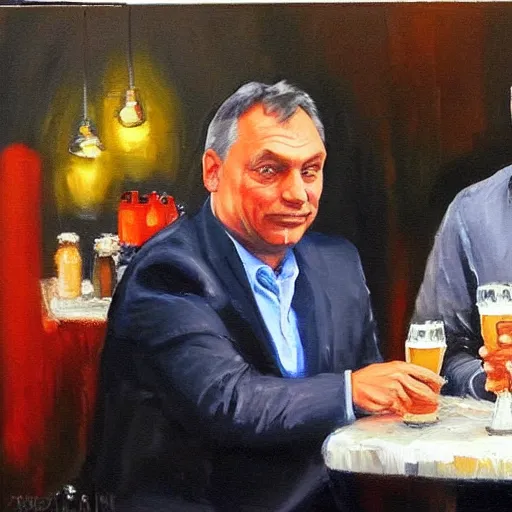 Image similar to viktor orban drinking beer with putin, oil painting, highly detailed