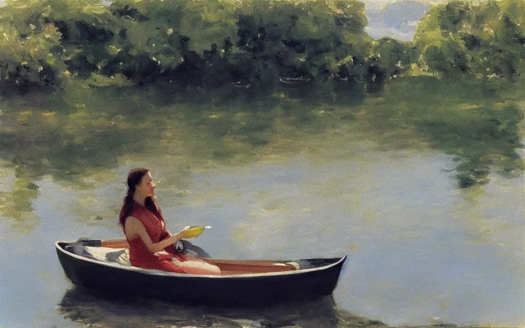 Image similar to “ a girl sitting in canoe on a river drinking beer, john siner sargent ”