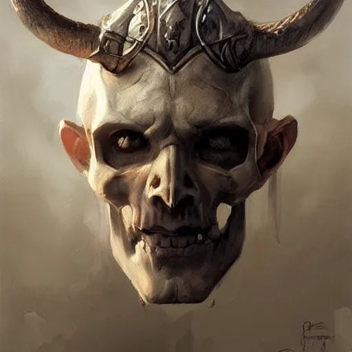 Prompt: a beautiful artwork portrait of a viking skull with horns study by greg rutkowski , featured on artstation, norse mythology, valhalla