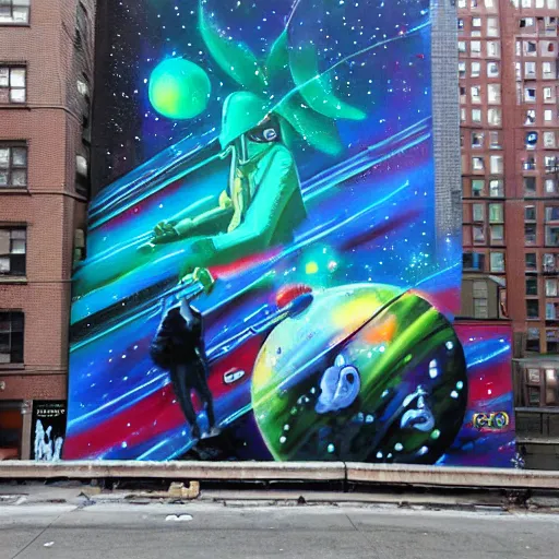 Prompt: a galactic spray painted mural in new york painted by artist outer source