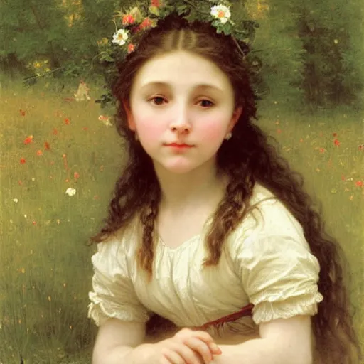 Prompt: a little girl with wavy brown hair sitting in a field of wildflowers. beautiful painting by bouguereau.