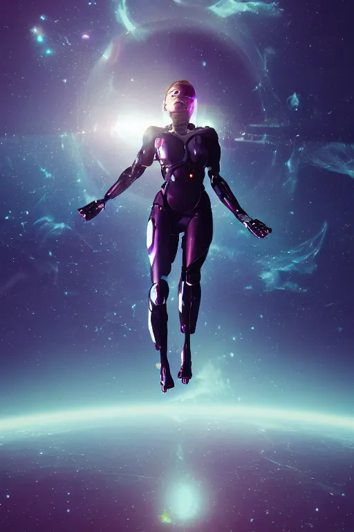 Image similar to woman cyborg floating in space letting go of reality and experiencing the quantum feild, matte painting comic book art, cinematic, highly detailed, realistic, beautiful cosmic neural network, octane render, unreal engine, depth of field, trending on artstation, sharp focus, philosophical splashes of colors