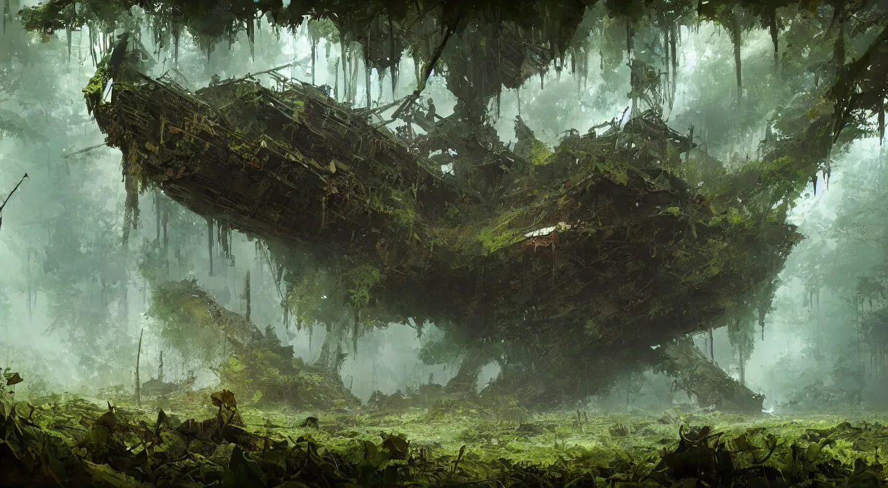 Image similar to rusty ship wreck in a lush forest, sci-fi, ivy, moss, concept art by Ruan Jia and Greg Rutkowski and Sparth, global illumination