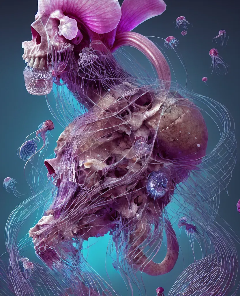 Image similar to goddess close-up portrait ram skull, thorax, x-ray, backbone, jellyfish phoenix head, nautilus, orchid, skull, betta fish, bioluminiscent creatures, intricate artwork by Tooth Wu and wlop and beeple. octane render, trending on artstation, greg rutkowski very coherent symmetrical artwork. cinematic, hyper realism, high detail, octane render, 8k