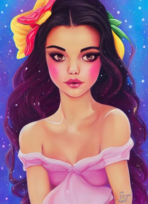 Prompt: beautiful thirty year old woman with long black hair, tan skin, curvy hourglass figure, round cute face, slightly resembles selena gomez wearing a colorful disney princess gown with mickey mouse ears headband. beautiful painting by lois van baarle and artgerm