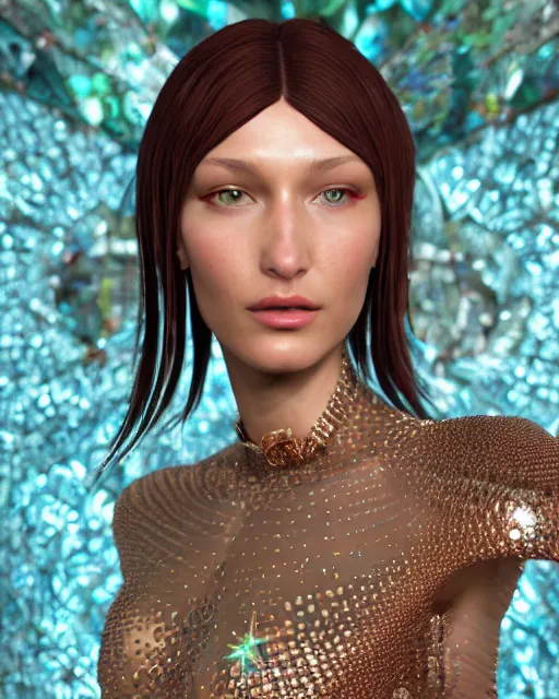 Image similar to a highly detailed metahuman 8 k close up render of bella hadid evangelion renaissance in iris van herpen dress schiaparelli in diamonds crystals swarovski and jewelry iridescent in style of alphonse mucha gustav klimt trending on artstation made in unreal engine 4