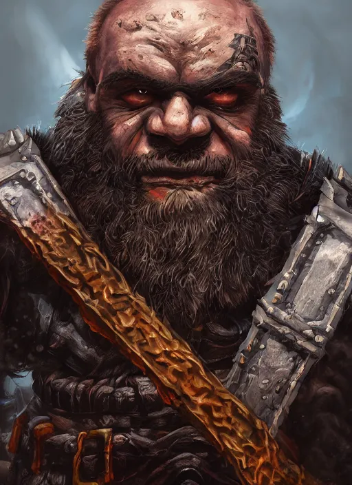 Image similar to A fantasy comic book style portrait painting of a brutal grim warrior dwarf in a atmospheric dark fortress, unreal 5, DAZ, hyperrealistic, octane render, RPG portrait, ambient light, dynamic lighting