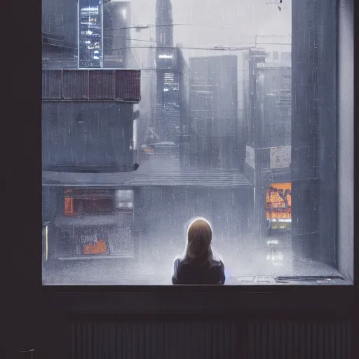 Prompt: A young woman sitting in a cafe looking out of the window with rain outside, cyberpunk, ultra realistic, concept art, intricate details, eerie, highly detailed, photorealistic, octane render, 8k, unreal engine, art by Bjorn Hurri