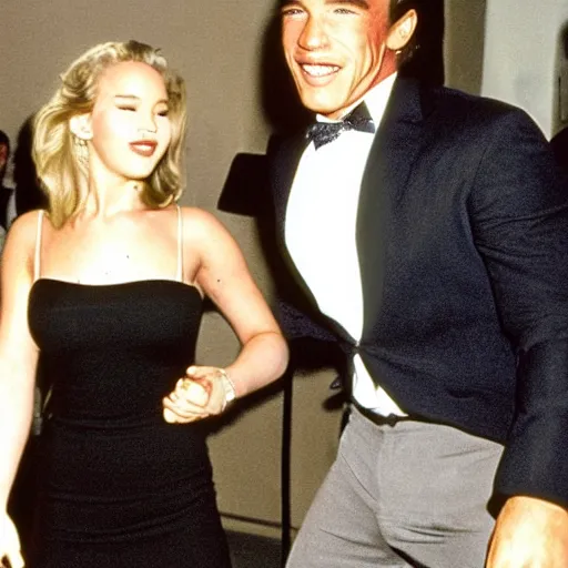 Image similar to photo of young arnold schwarzenegger close and wild dancing with jennifer lawrence beautiful short dress in a 9 0 s romantic comedy