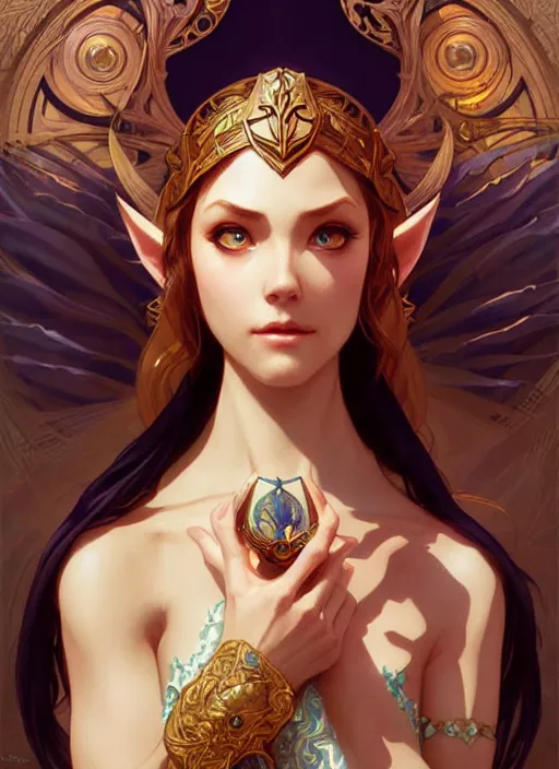 Image similar to zelda, fantasy, intricate, elegant, highly detailed, digital painting, artstation, concept art, wallpaper, smooth, sharp focus, illustration, art by artgerm and greg rutkowski and alphonse mucha