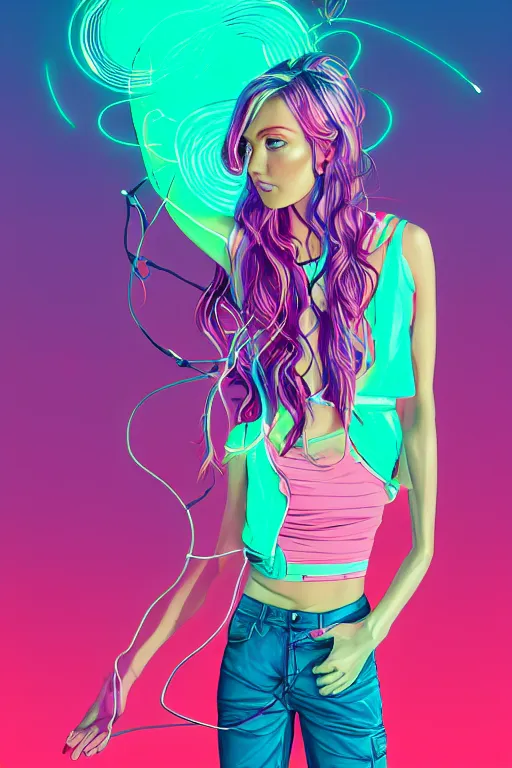 Image similar to a award winning half body portrait of a beautiful woman in a croptop and cargo pants with ombre purple pink teal hairstyle and hands in pockets by ari liloan, surrounded by whirling illuminated lines, outrun, vaporware, shaded flat illustration, digital art, trending on artstation, highly detailed, fine detail, intricate