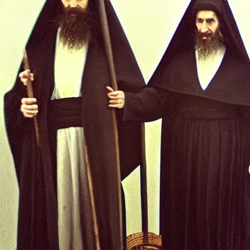 Prompt: super tall breton monks with short village ritualist pagan woman looking like rasputin