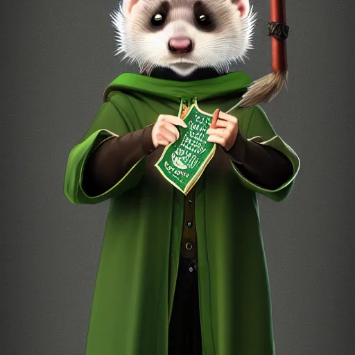 Image similar to a anthropomorphic ferret is dressed as a hogwarts student in slytherin robes, hyperdetailed, artstation, cgsociety, 8 k