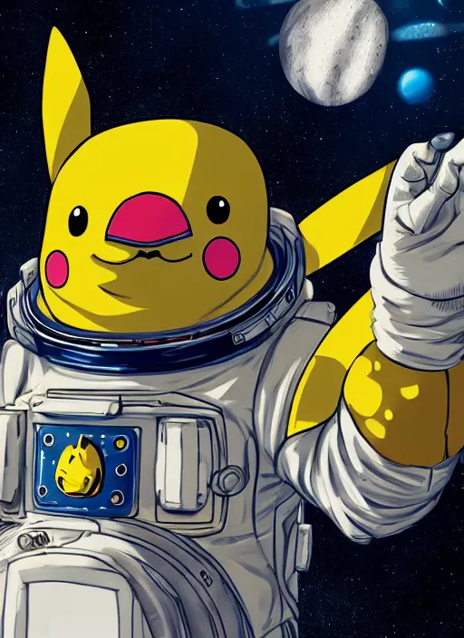 Image similar to high intricate pikachu as an astronaut on space harbor, full shot, maria panfilova, andrea savchenko, mike kime, ludovic plouffe, qi sheng luo, oliver cook, julian calle, eddie mendoza, trending on artstation