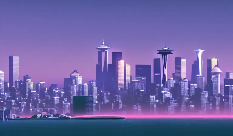 Image similar to a beautiful, sharp focus, and immaculate overcast futuristic seattle cityscape. vaporwave ombre rendering. outrun style. trending on artstation. recommended for you behance. by chris moore. by edward hopper. beeple colors. ambient occlusion. digital matte painting. metropolis filmic. gotham city.