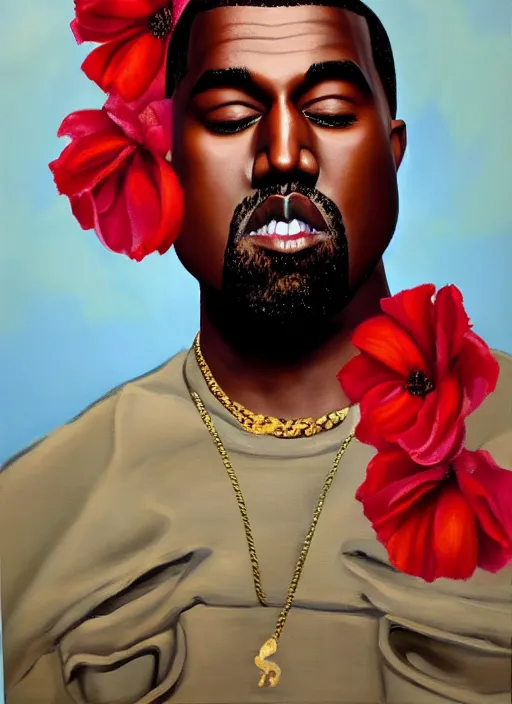 Image similar to hyperrealistic oil painting of Kanye West with red flowers in the background