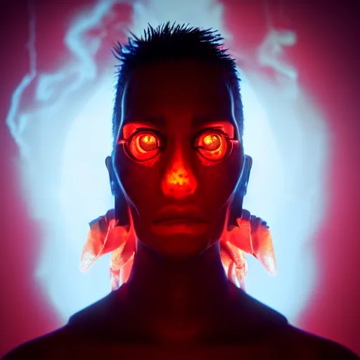 Image similar to fire owl, half body portrait, the spirit of fire, with red neon flashes around head, softlight, octane render, highly detailed, realistic, 8 k, trending on artstation, 3 d cartoon style
