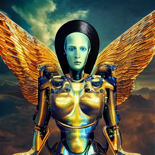 Prompt: UHD photorealistic studio portrait of a cyborg Angel with Angel wings, futuristic robot angel, extremely detailed, 8k, cinematic lighting, in the style of Max Ernst and Karol Bak, art by Amano with vivid colors and crisp details