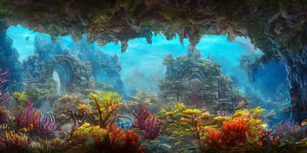 Prompt: an ancient sunken temple structure, overgrown, mystical underwater shot, colorful coral reef, filtered diffraction lighting, fantasy digital art, trending on artstation