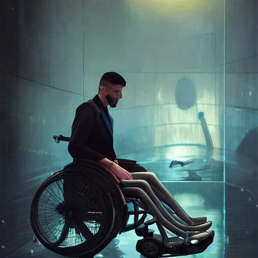 Prompt: handsome portrait of a wheelchair guy fitness posing, radiant light, caustics, war hero, smooth, one legged amputee, reflective water koi pond, ghost in the shell, futuristic accessibility prosthesis, lush garden surroundings, by gaston bussiere, bayard wu, greg rutkowski, giger, maxim verehin