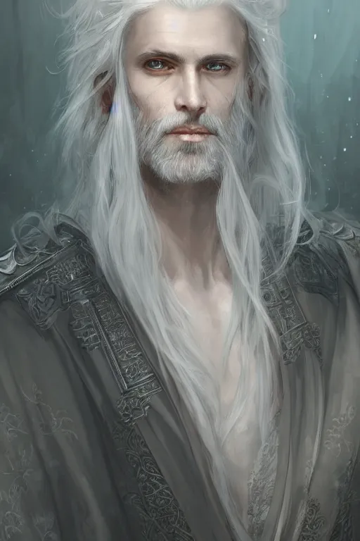 Image similar to white haired robe fu xi full male front body portrait, distant view, very long white beard and hair, long hair shawl, fine kindness delicate prefect face features gaze, piercing eye, elegant, style of tom bagshaw, cedric peyravernay, peter mohrbacher, victo nga, 4 k hd illustrative wallpaper, animation style, chinese style