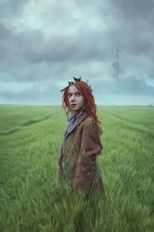 Prompt: portrait, enormous thistle flower head, a girl wearing a coat in a field, surreal photography, wind, cloudy sky, dramatic light, impressionist painting, digital painting, artstation, simon stalenhag