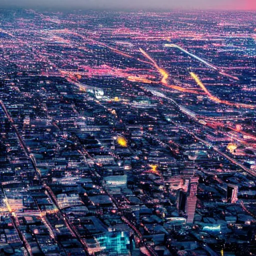 Prompt: Los Angeles blade runner, 8k, photorealistic, award winning aerial photo of the cyberpunk city