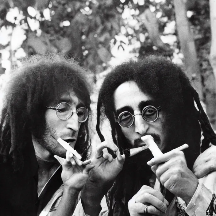 Image similar to john lennon smoking a joint with bob Marley, photograph by Willy Spiller, 1970s