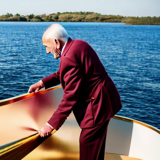 Image similar to wrinkled hunchbacked old man in musty burgundy suit, polishing painting the side of a huge gold plated mega yacht with a cloth, maintenance photo