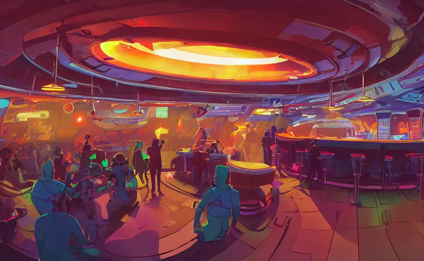 Image similar to a space station bar with humans and aliens interacting and drinking, artstation, concept art by peter chan, colorful lighting