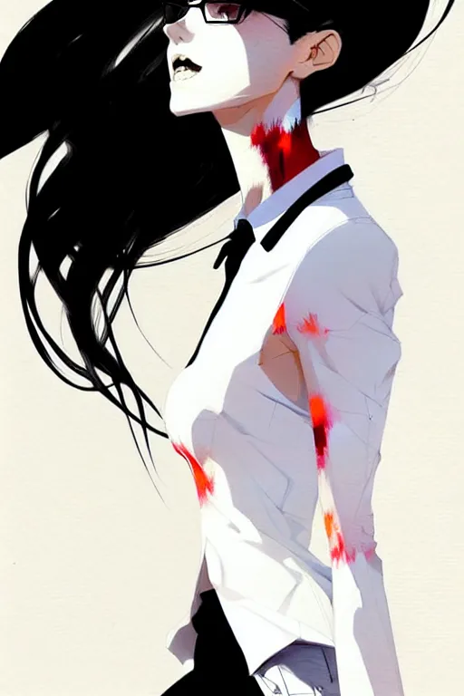 Image similar to a ultradetailed beautiful panting of a stylish woman, she is wearing a white shirt with a tie and black pants, by conrad roset, greg rutkowski and makoto shinkai trending on artstation