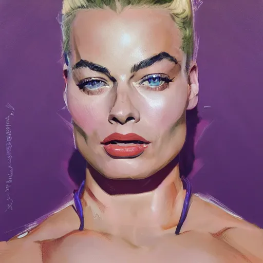 Image similar to greg manchess portrait of margot robbie as thick female bodybuilder zarya from overwatch in disco elysium, 9 6 9, epic grimdark, fantasy, medium shot, asymmetrical, profile picture, organic painting, sunny day, matte painting, bold shapes, hard edges, street art, trending on artstation, by huang guangjian and gil elvgren and sachin teng