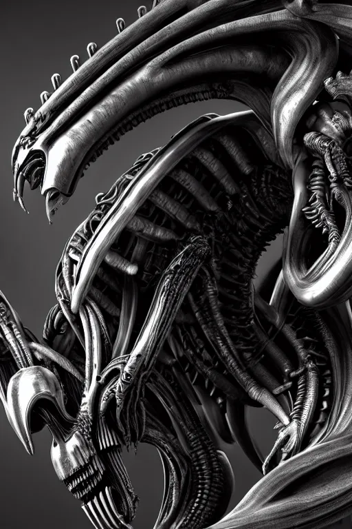 Prompt: detailed intricate biomechanical xenomorphic artifact on display, black and burnished silver, cinematic render, dynamic lighting