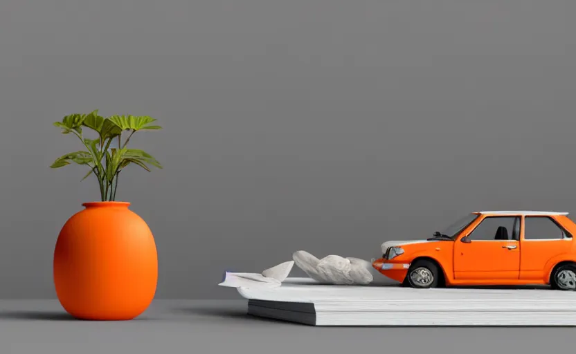 Image similar to a small miniature of a orange Toyota Corolla KE20 on a white table near a book and a vase with a plant, hyperrealistic, concept art, octane render, unreal engine 5, path tracing, complementary colors, calm, relaxing, serene, product photo, centered, symmetrical