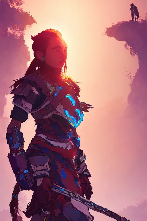 Image similar to combination suit armor aloy horizon forbidden west horizon zero dawn radiating a glowing aura global illumination ray tracing hdr fanart arstation by ian pesty and alena aenami artworks in 4 k tribal robot ninja mask helmet backpack