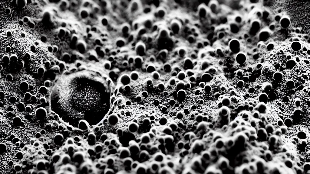 Image similar to beautiful 3 d closeup photo of deadly virus infecting a cell, seen through a microscope, detailed, high contrast, dark, sinister, ambient, monochrome, depth of field, scientific diagram, 8 k, octane render