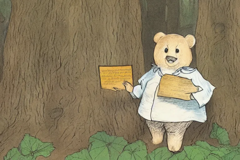 Prompt: a detailed children's book illustration by beatrix potter of a cute female bear child holding an envelope and standing in the woods. digital art, trending on artstation.